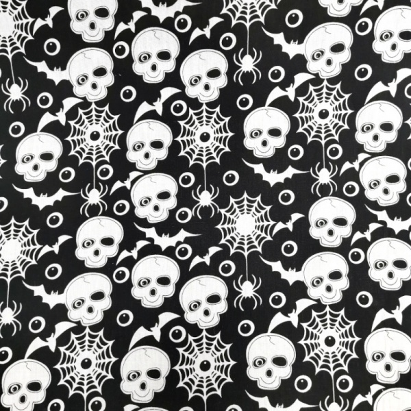 Halloween Polycotton - SKULLS AND SPIDERS ON BLACK